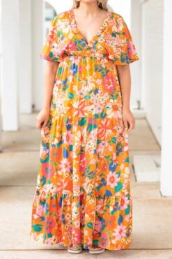Walking Through Flowers Dress, Orange -VogueBabe Store WalkingThroughFlowersDress Orange 9766