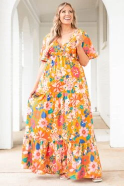 Walking Through Flowers Dress, Orange -VogueBabe Store WalkingThroughFlowersDress Orange 9772