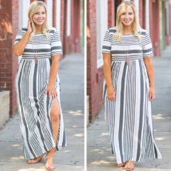 Stripe On Cue Maxi Dress, Charcoal -VogueBabe Store stripe on cue
